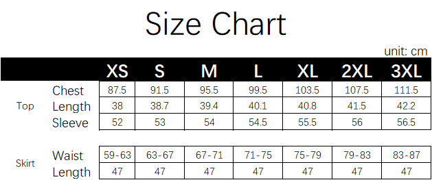 Riko Costume size chart