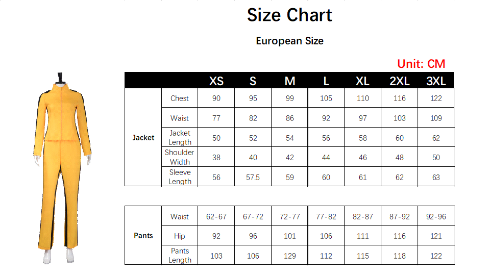 The Bride Costume size chart