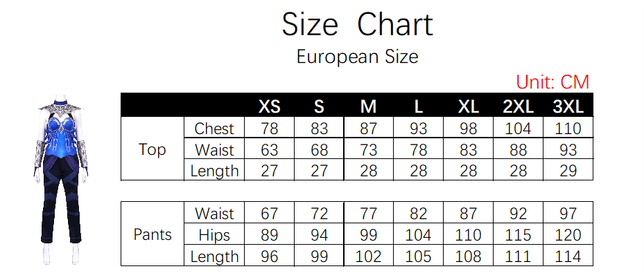 Kitana Costume size chart