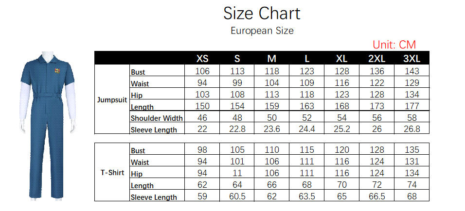 Jimmy Costume size chart