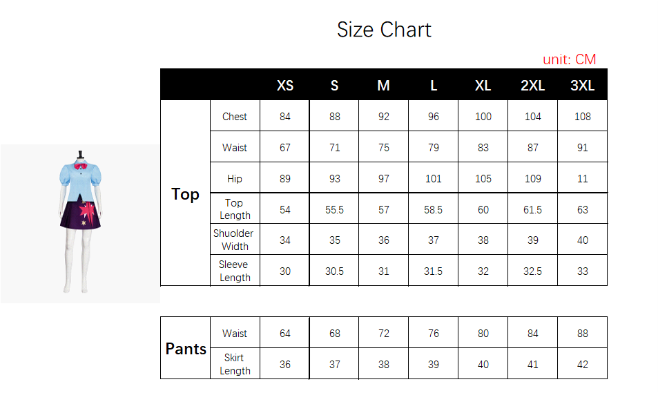 Twilight Sparkle Costume size chart