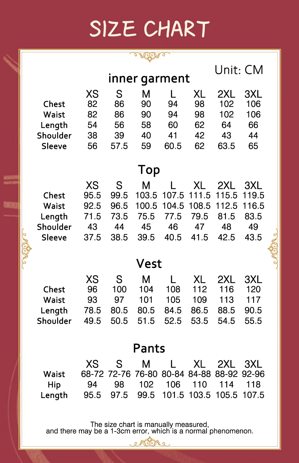 Jiraiya Costume size chart