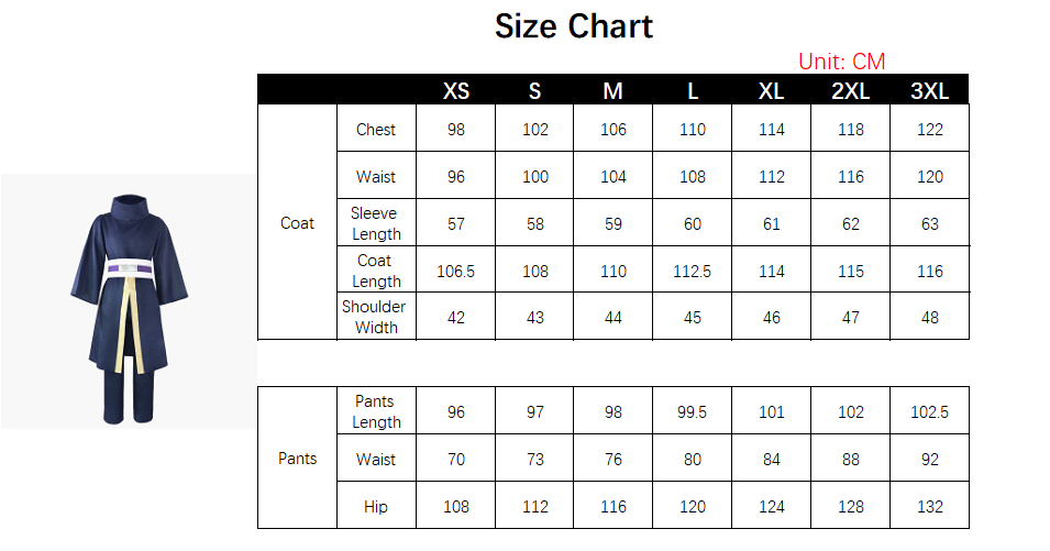 Obito Costume size chart