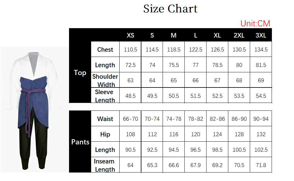 Sasuke Sasuke timeskip Costume size chart