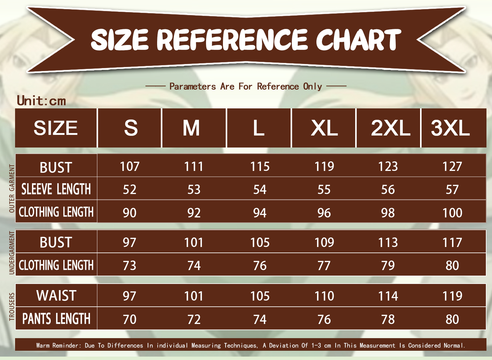 Tsunade Costume size chart