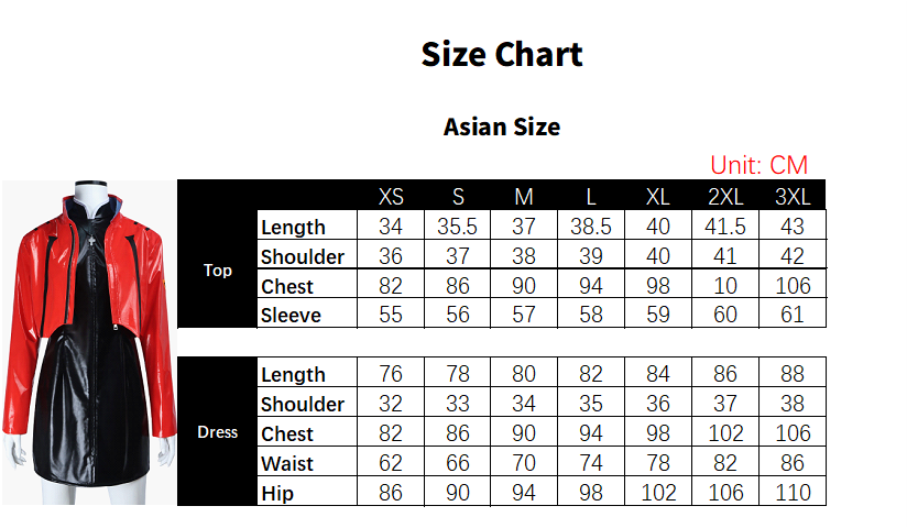 Misato Costume size chart