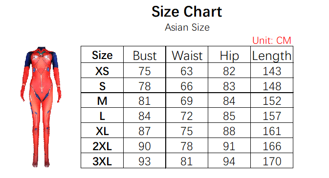 Rei Ayanami jumpsuit Costume size chart