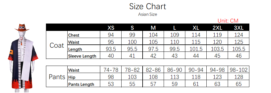 Ace Costume size chart