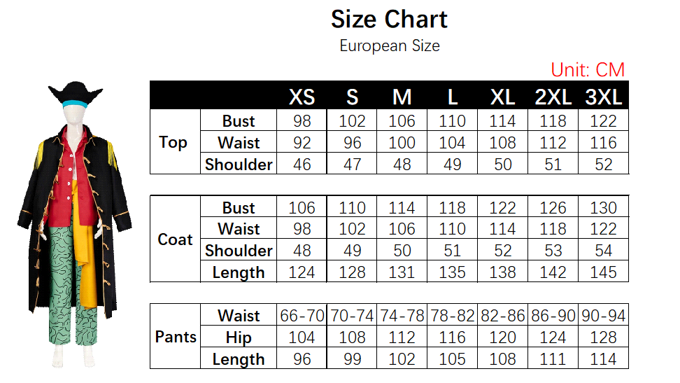 Blackbeard Costume size chart