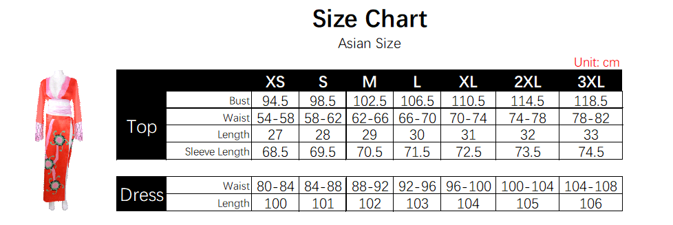 Boa Costume size chart