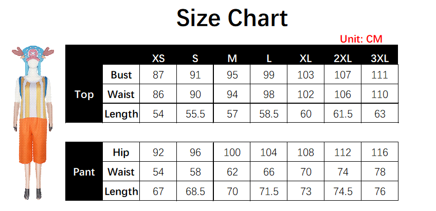 Chopper Costume size chart
