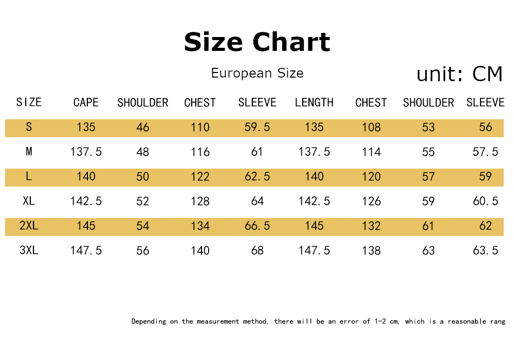 Issho Costume size chart