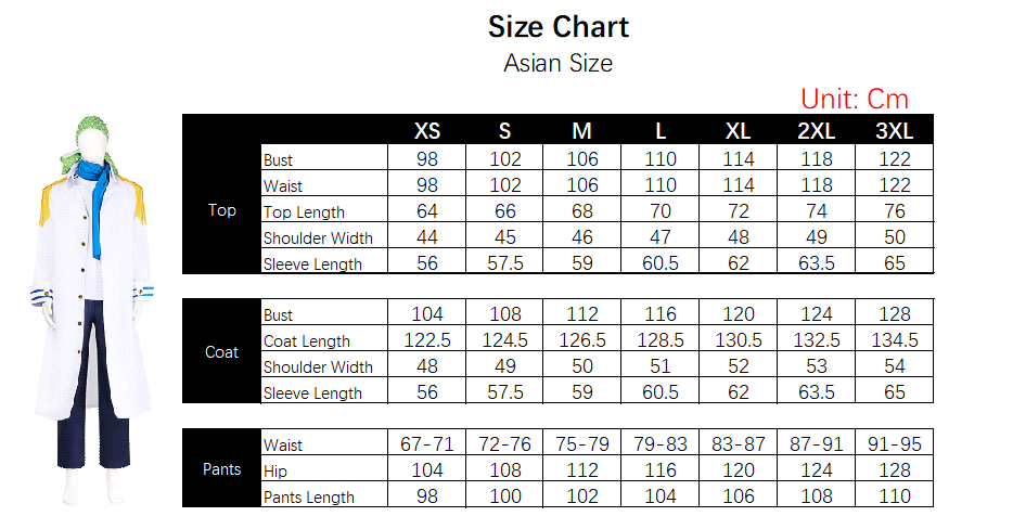 Koby Costume size chart