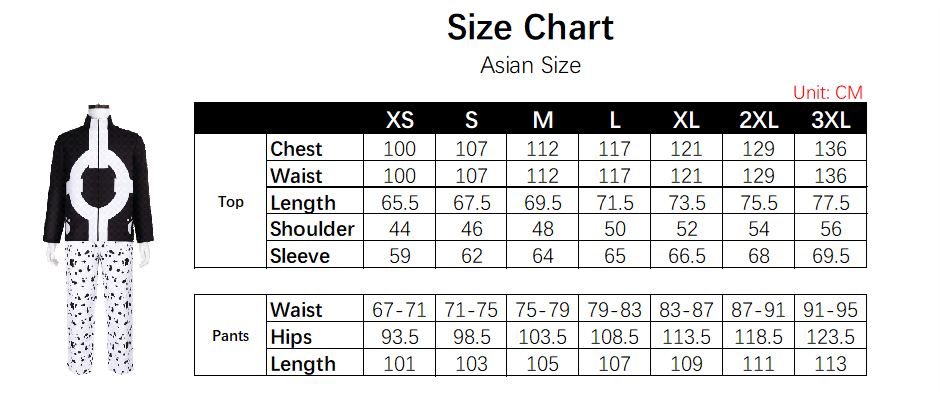 Kuma Costume size chart