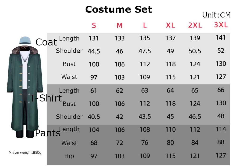 Kuzan Costume size chart