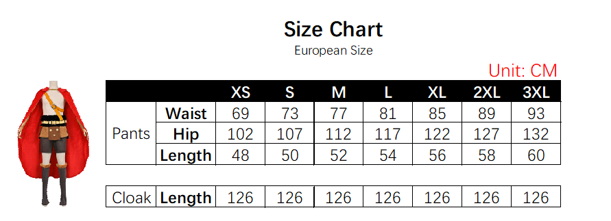 Luffy Elbaf Arc Costume size chart