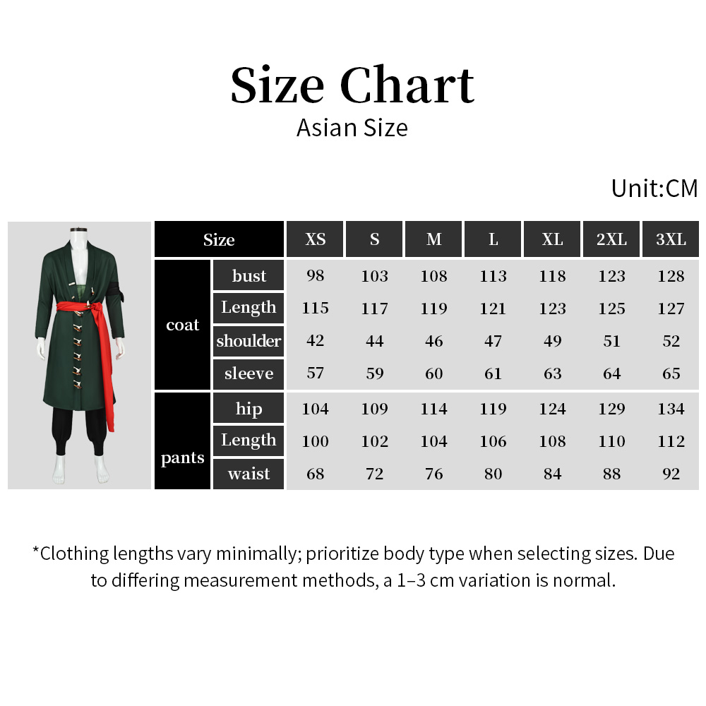 Roronoa Zoro Costume size chart