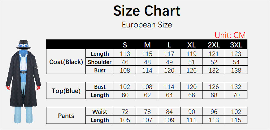 Sabo Costume size chart