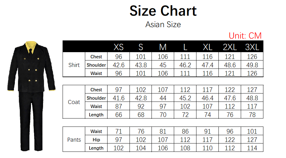 Sanji Blue Costume size chart