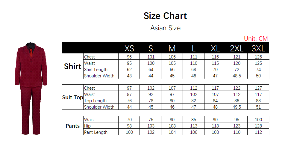 Sanji Costume size chart