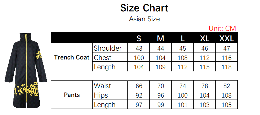 Trafalgar Law Dressrosa Arc Costume size chart
