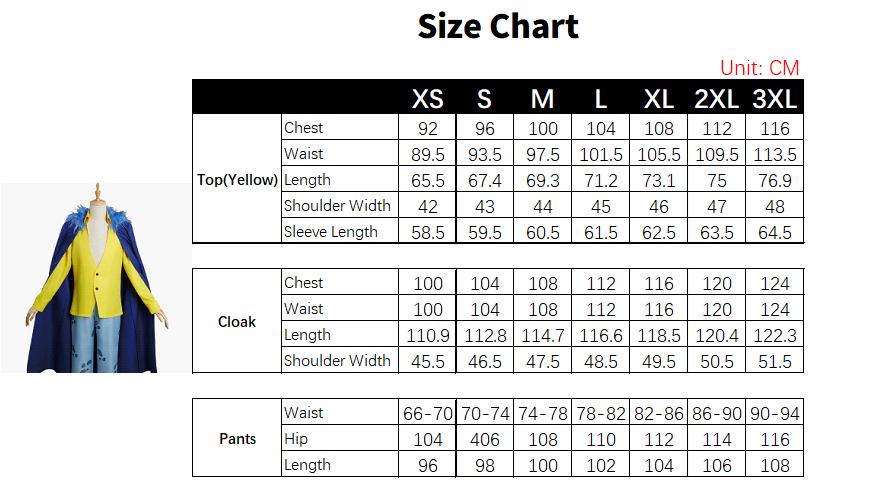 Trafalgar Law Costume size chart