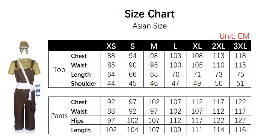 Usopp Costume size chart