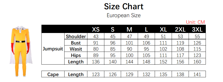 Saitama Costume size chart
