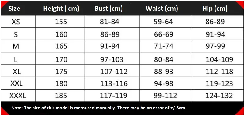 Wirt Costume size chart