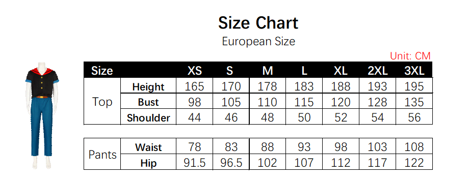 Popeye Costume size chart