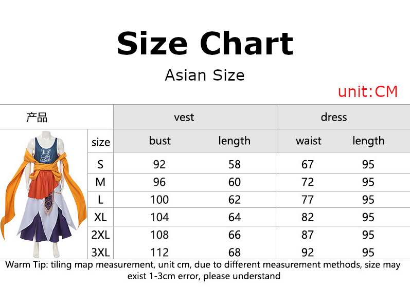 Buddha Costume size chart