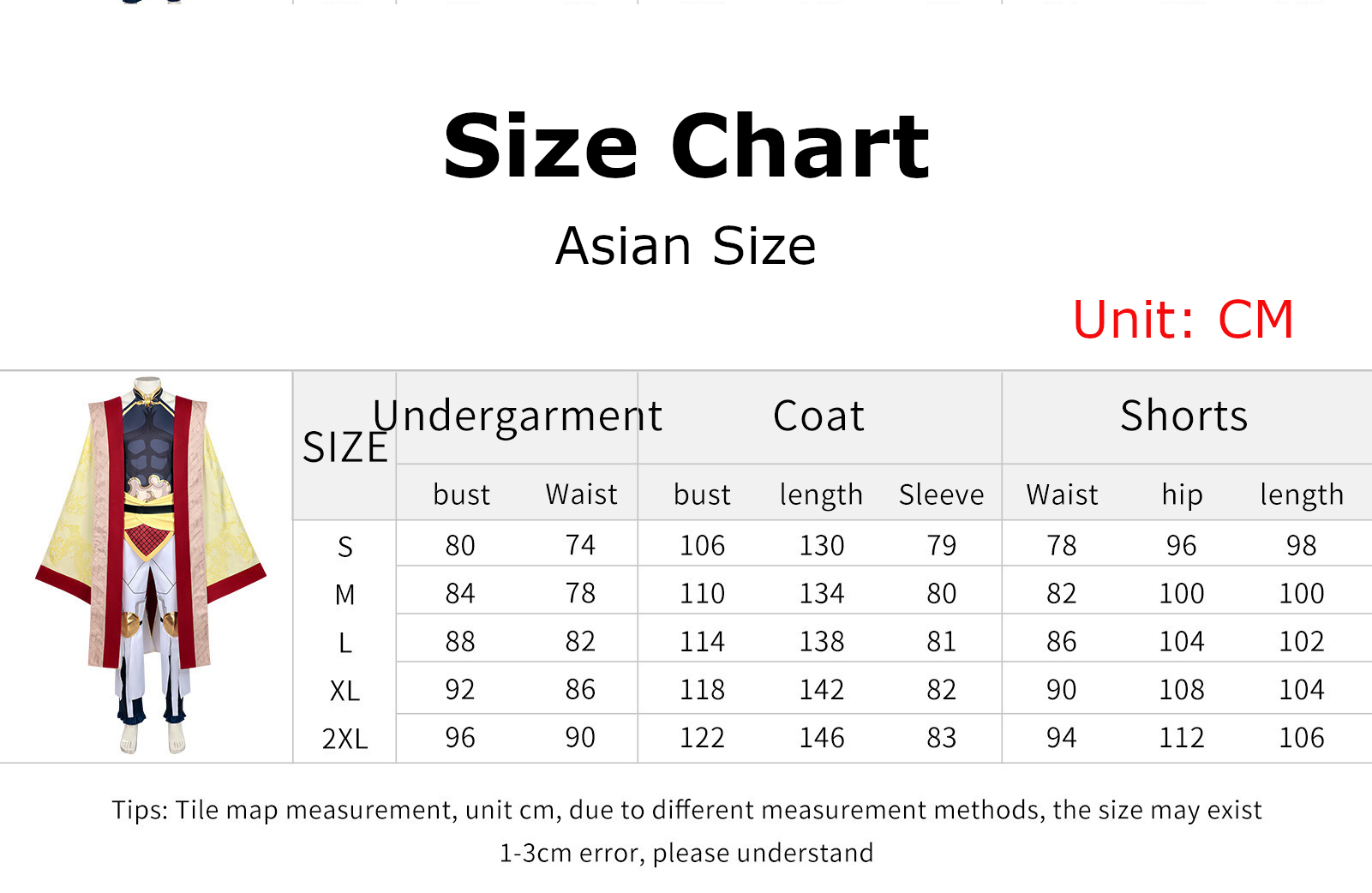 Qin Shi Huang Costume size chart