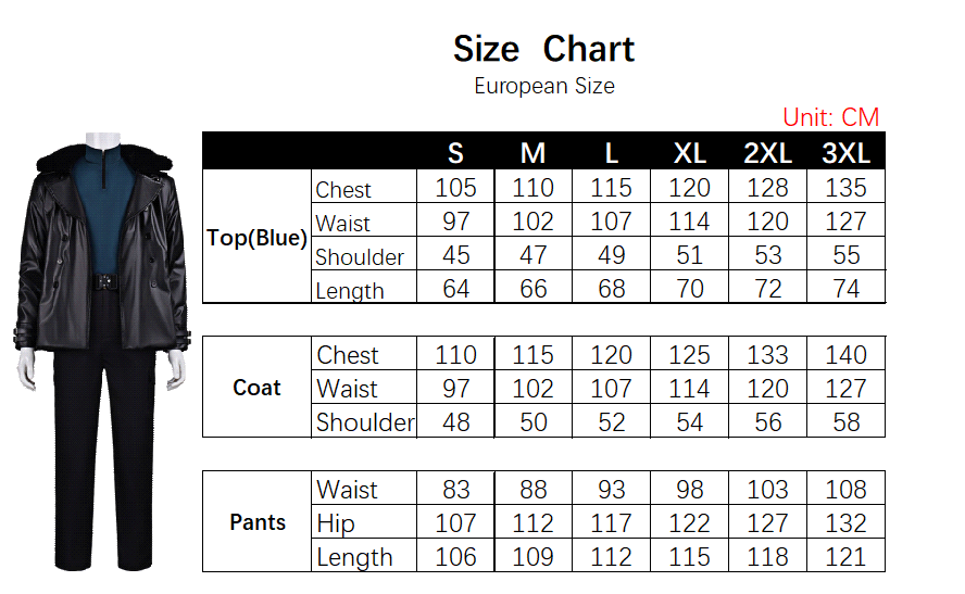 Leon Costume size chart
