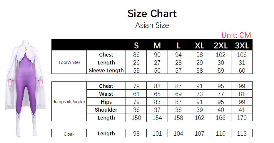 Emilia Costume size chart