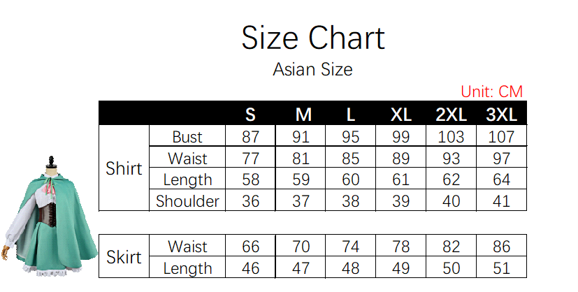 Rem Costume size chart