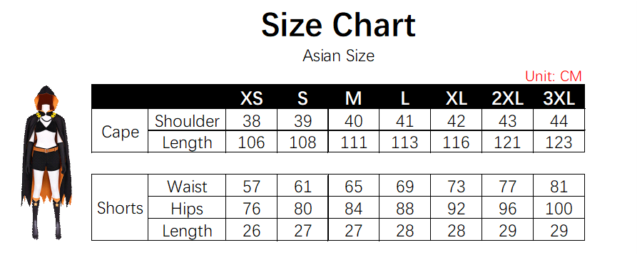 Shaula Costume size chart