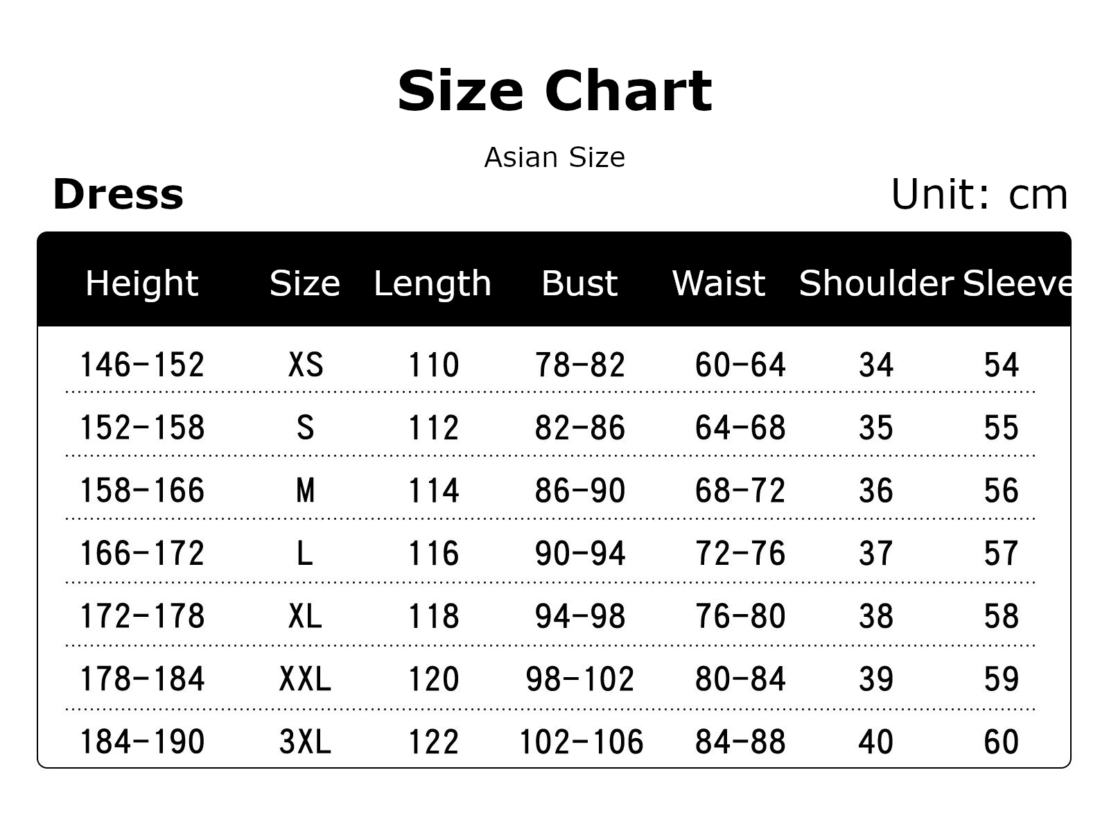 Monica Costume size chart