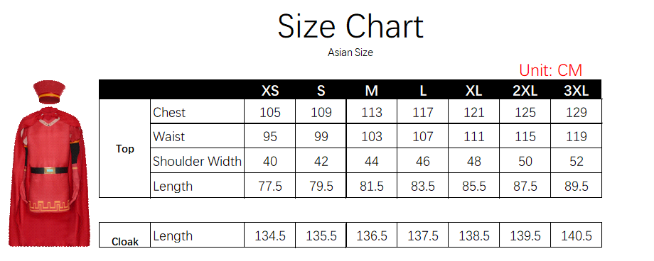 Lord Farquaad Costume size chart