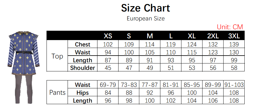 Prince Charming Costume size chart
