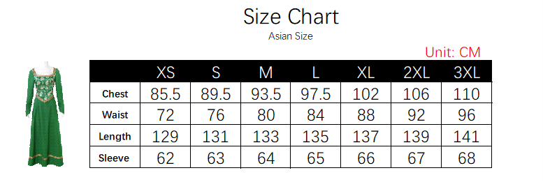 Princess Fiona Costume size chart