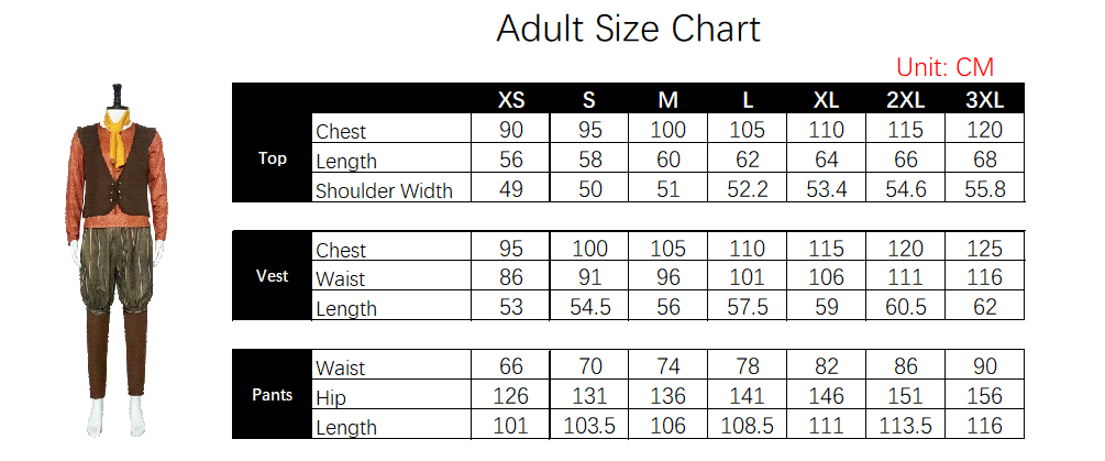 Rumpelstiltskin Costume size chart