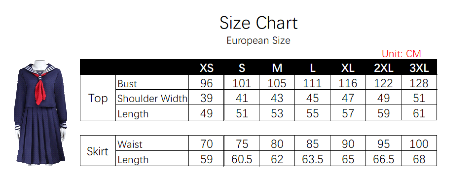 Hinako Costume size chart