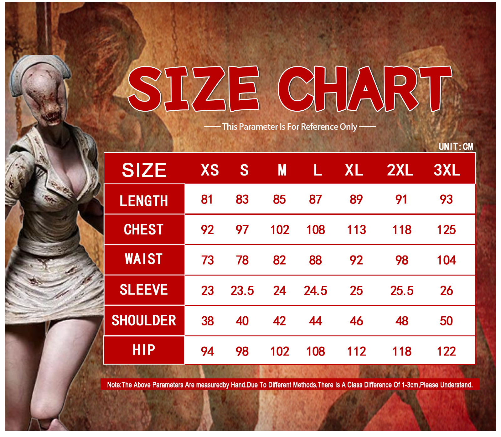 Nurse Costume size chart