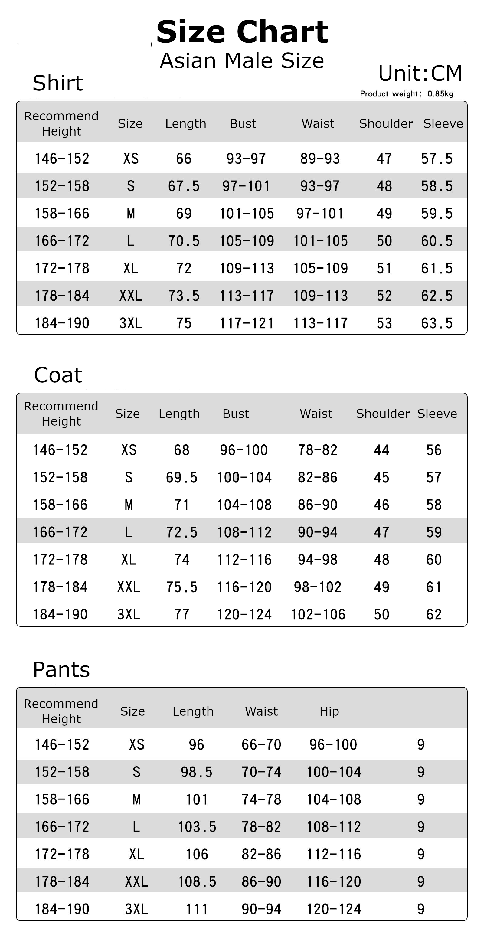 Sasaki Costume size chart
