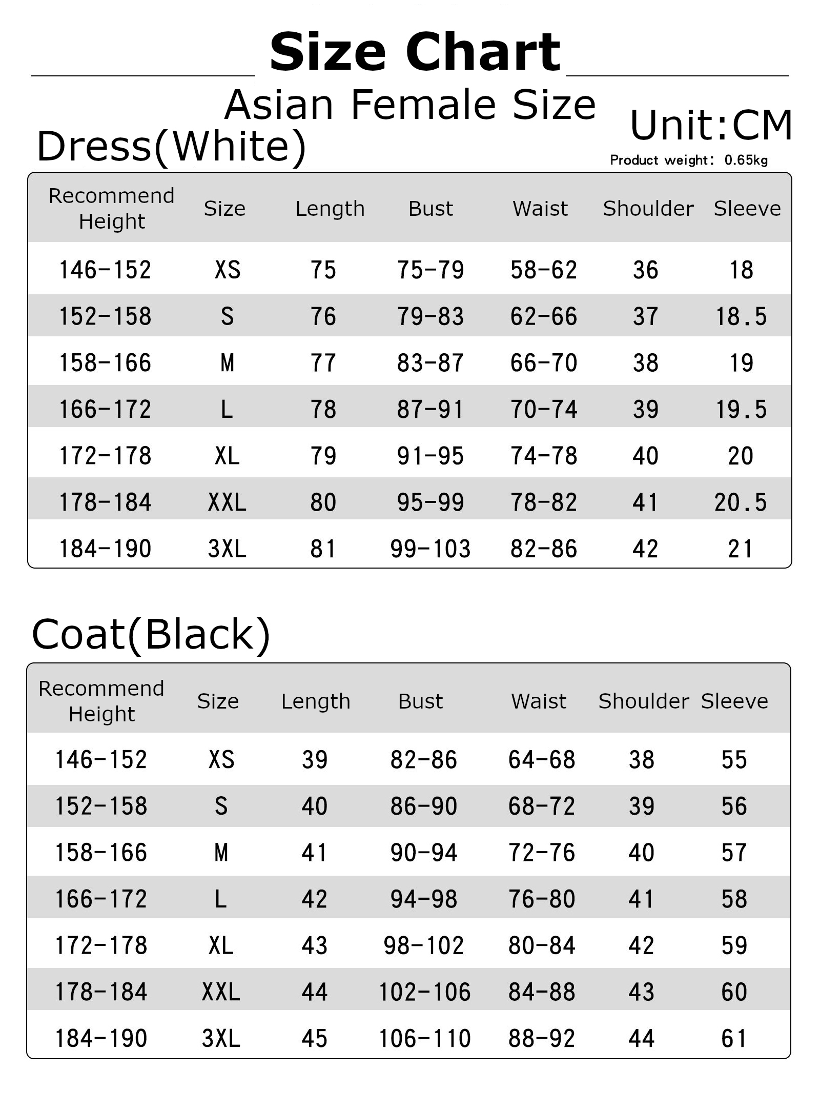 Tayama Costume size chart