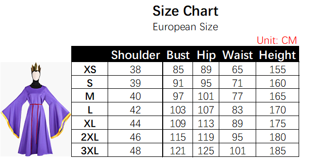 The Evil Queen Costume size chart