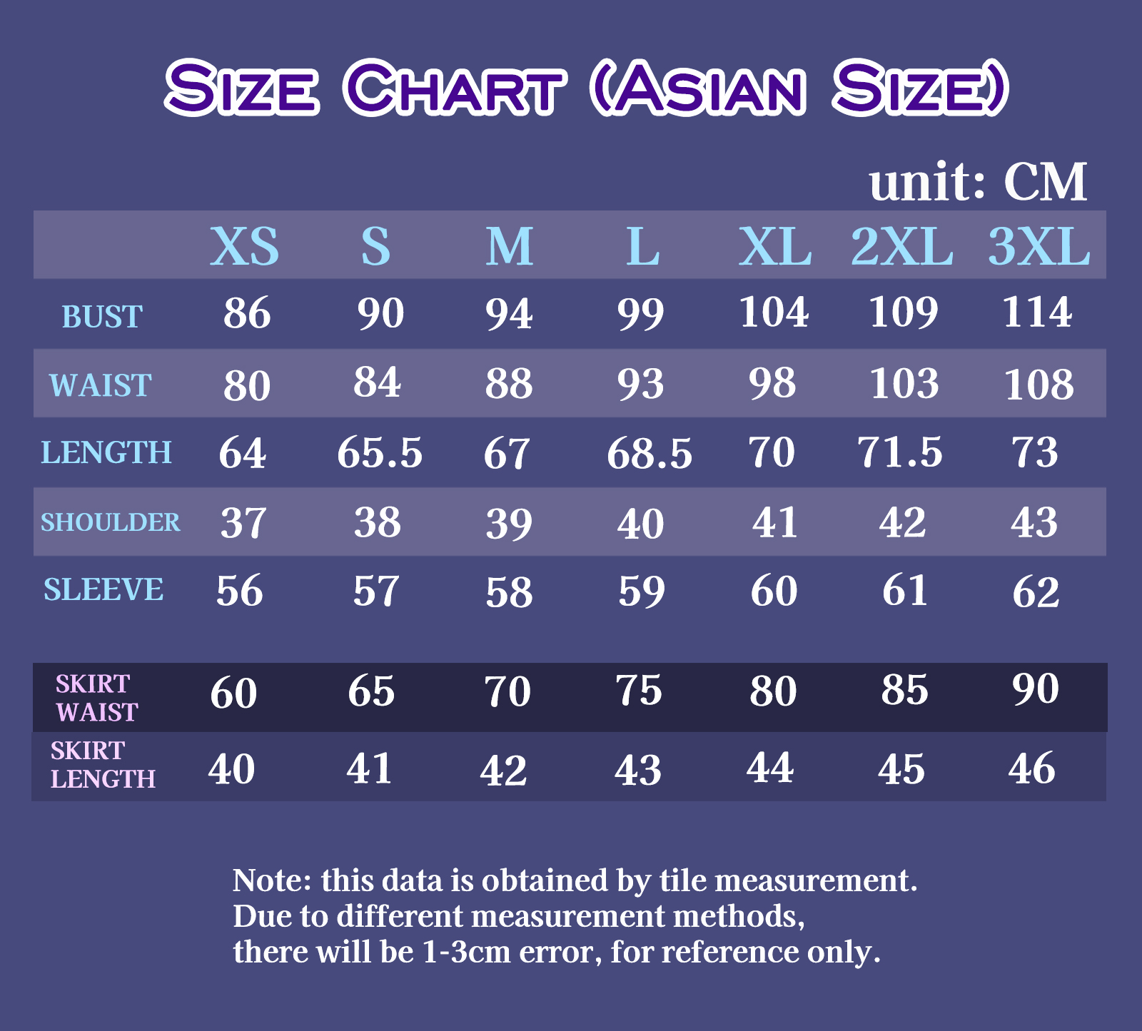 Amamiya Mirei Costume size chart