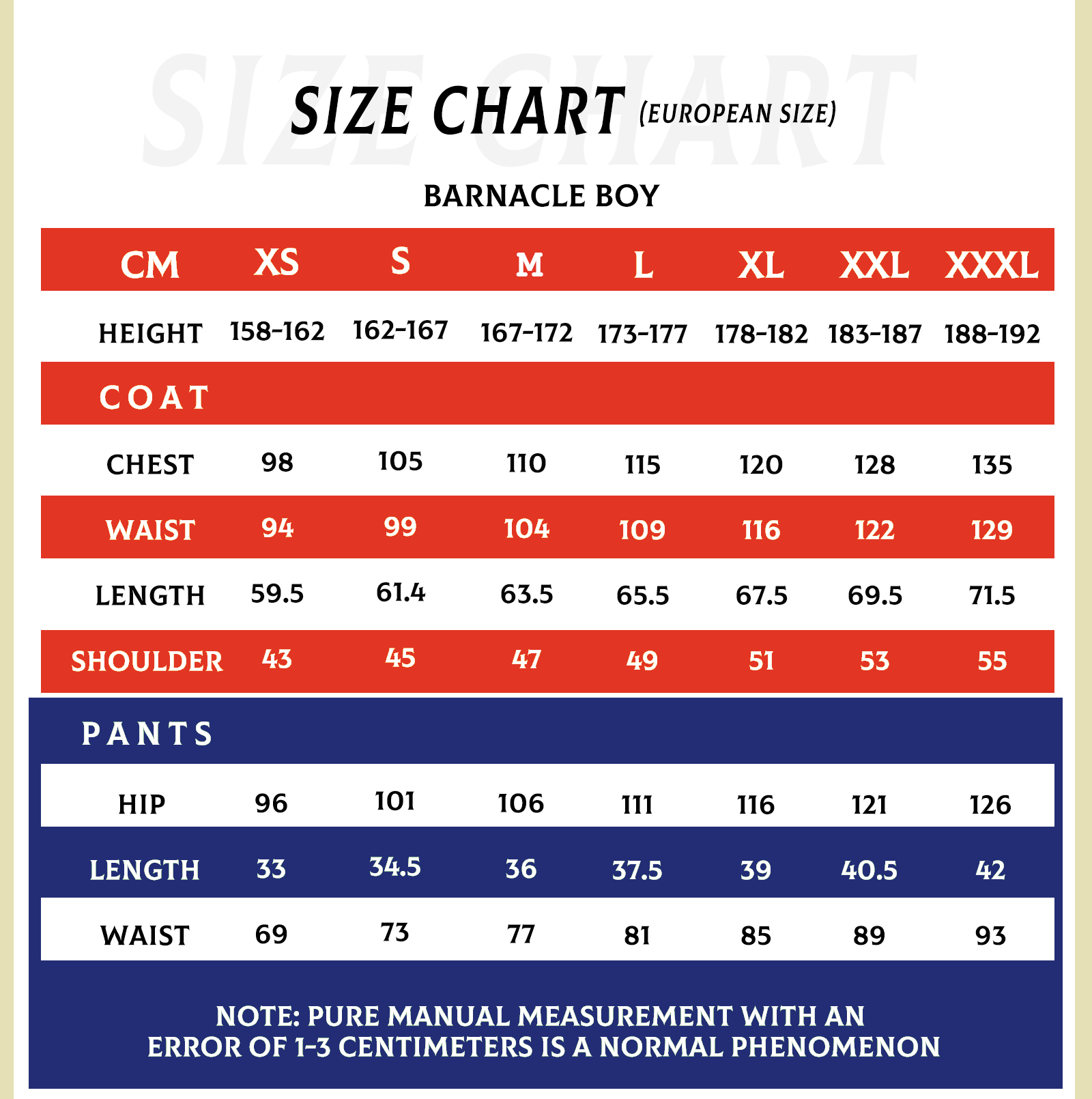 Barnacle Boy Costume size chart