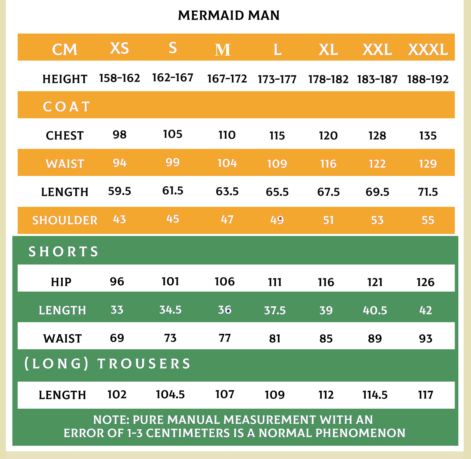 Mermaid Man Costume size chart