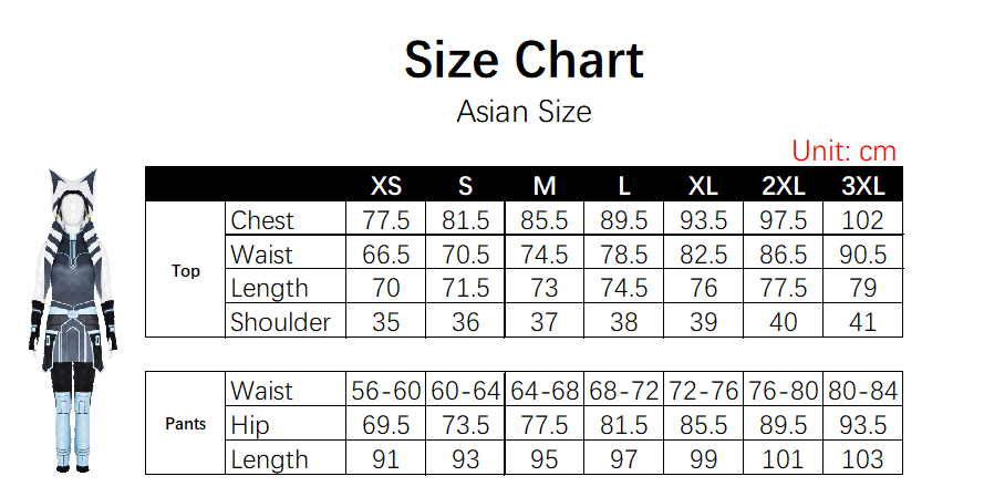 Ahsoka Tano Blue Costume size chart